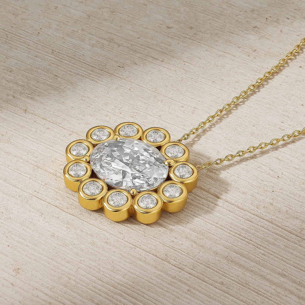 18K Gold-Plated Oval Halo CZ Pendant Necklace