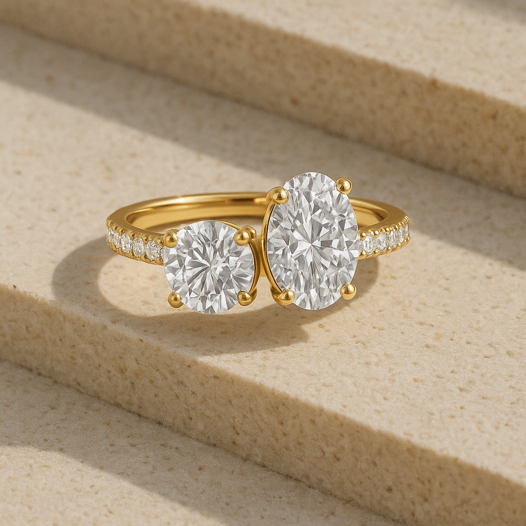 Double Oval CZ Ring with Accent Stones in 18K Yellow Gold Plated