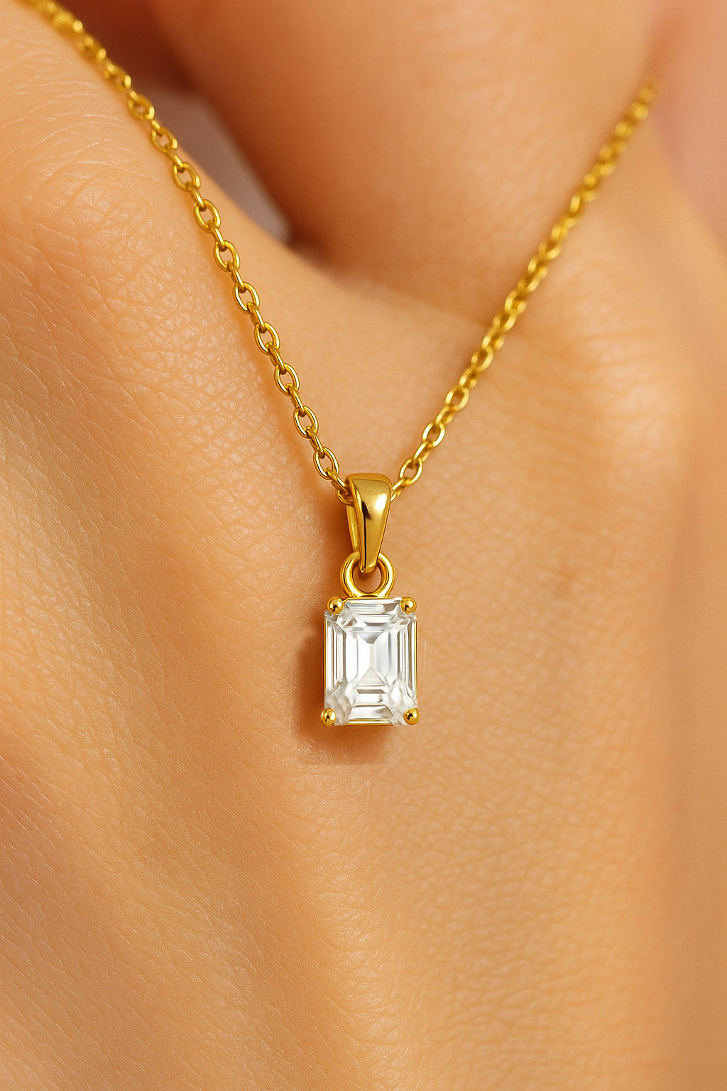 Emerald Cut Solitaire Necklace – CZ | 18K Gold Plated