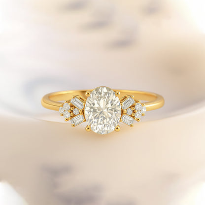 Oval-Cut CZ Engagement Ring with Baguette and Round Side Stones in 18K Yellow Gold-Plated