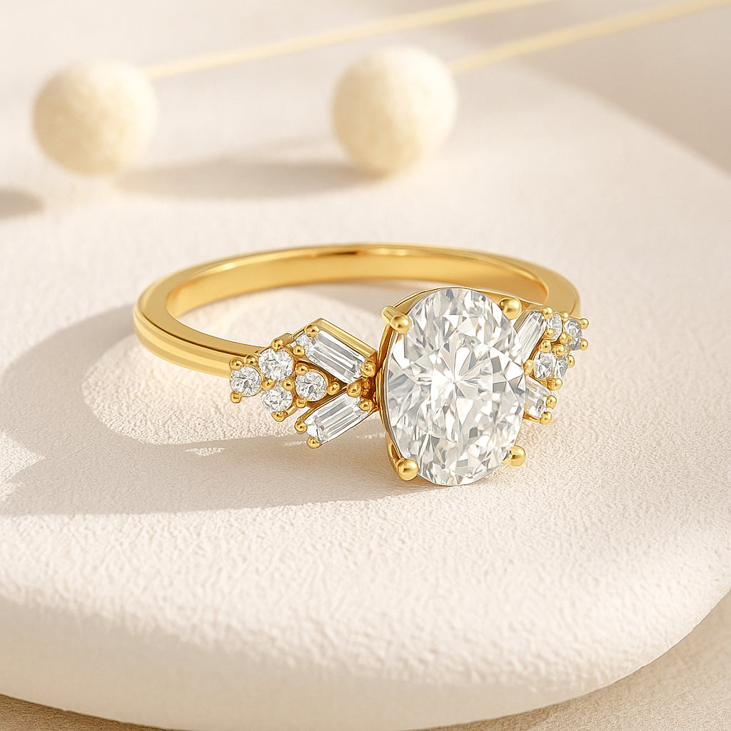 Oval-Cut CZ Engagement Ring with Baguette and Round Side Stones in 18K Yellow Gold-Plated