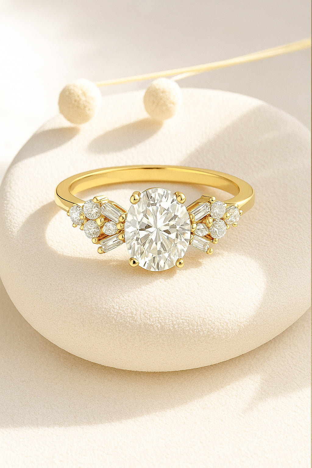 Oval-Cut CZ Engagement Ring with Baguette and Round Side Stones in 18K Yellow Gold-Plated