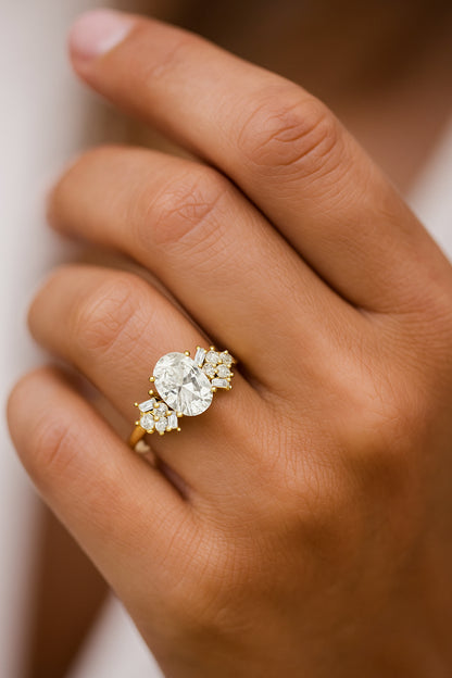 Oval-Cut CZ Engagement Ring with Baguette and Round Side Stones in 18K Yellow Gold-Plated