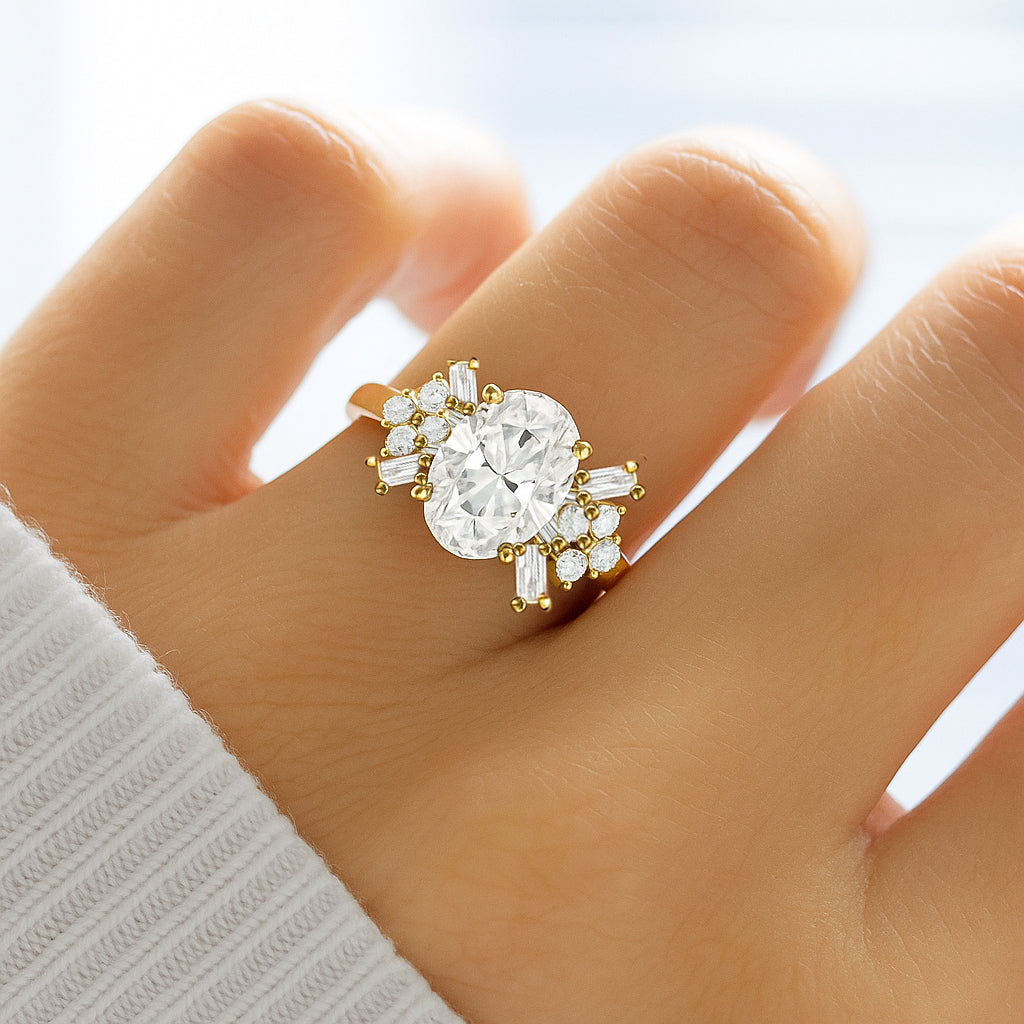 Oval-Cut CZ Engagement Ring with Baguette and Round Side Stones in 18K Yellow Gold-Plated