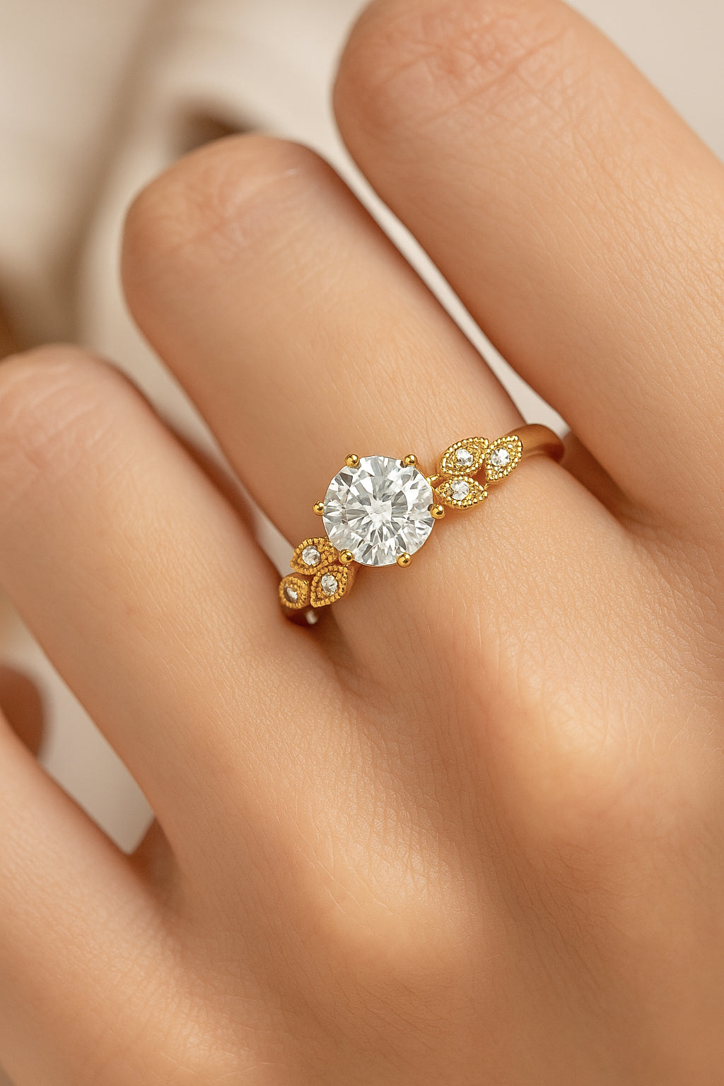 "Vintage Bloom Solitaire Engagement Ring - 18K Gold-Plated CZ"