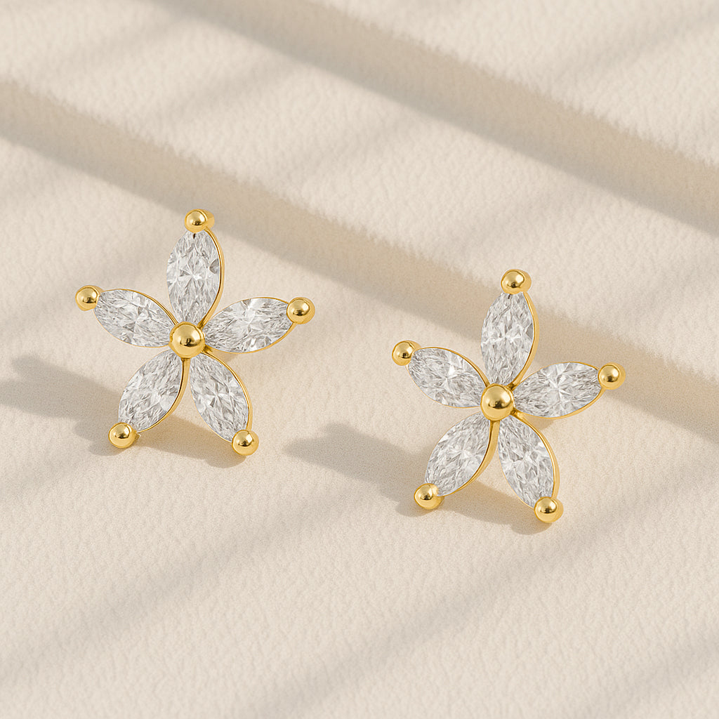 Blooming Radiance CZ Flower Stud Earrings in 18K Yellow Gold Plating