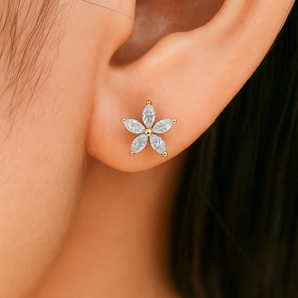 Blooming Radiance CZ Flower Stud Earrings in 18K Yellow Gold Plating