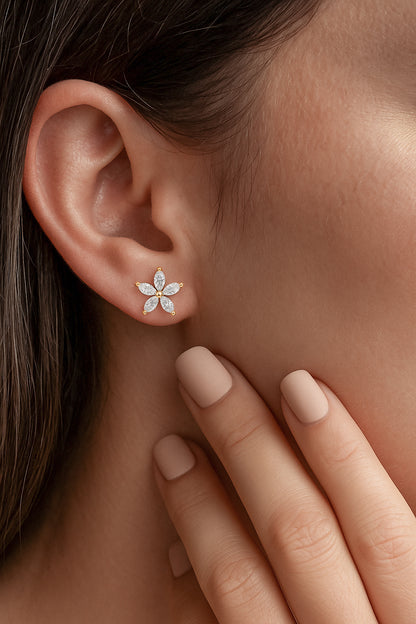 Blooming Radiance CZ Flower Stud Earrings in 18K Yellow Gold Plating