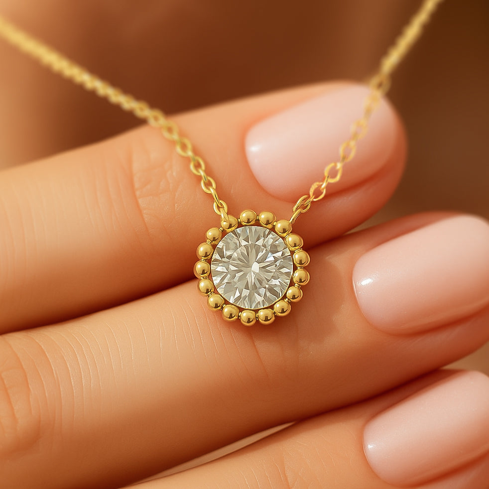 Golden Halo CZ Pendant Necklace in 18K Yellow Gold Plating