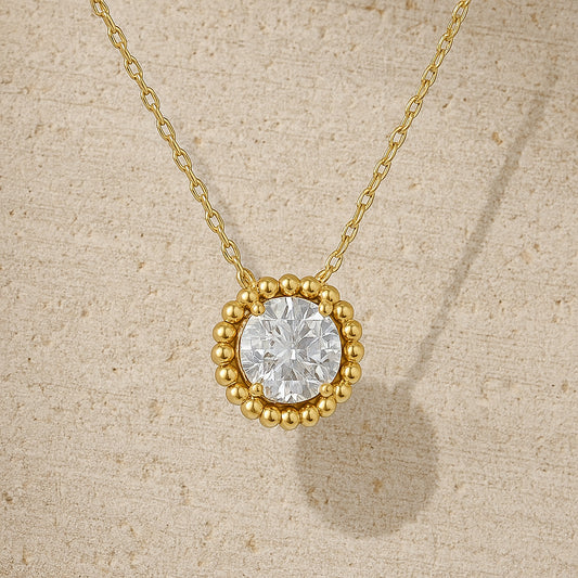 Golden Halo CZ Pendant Necklace in 18K Yellow Gold Plating