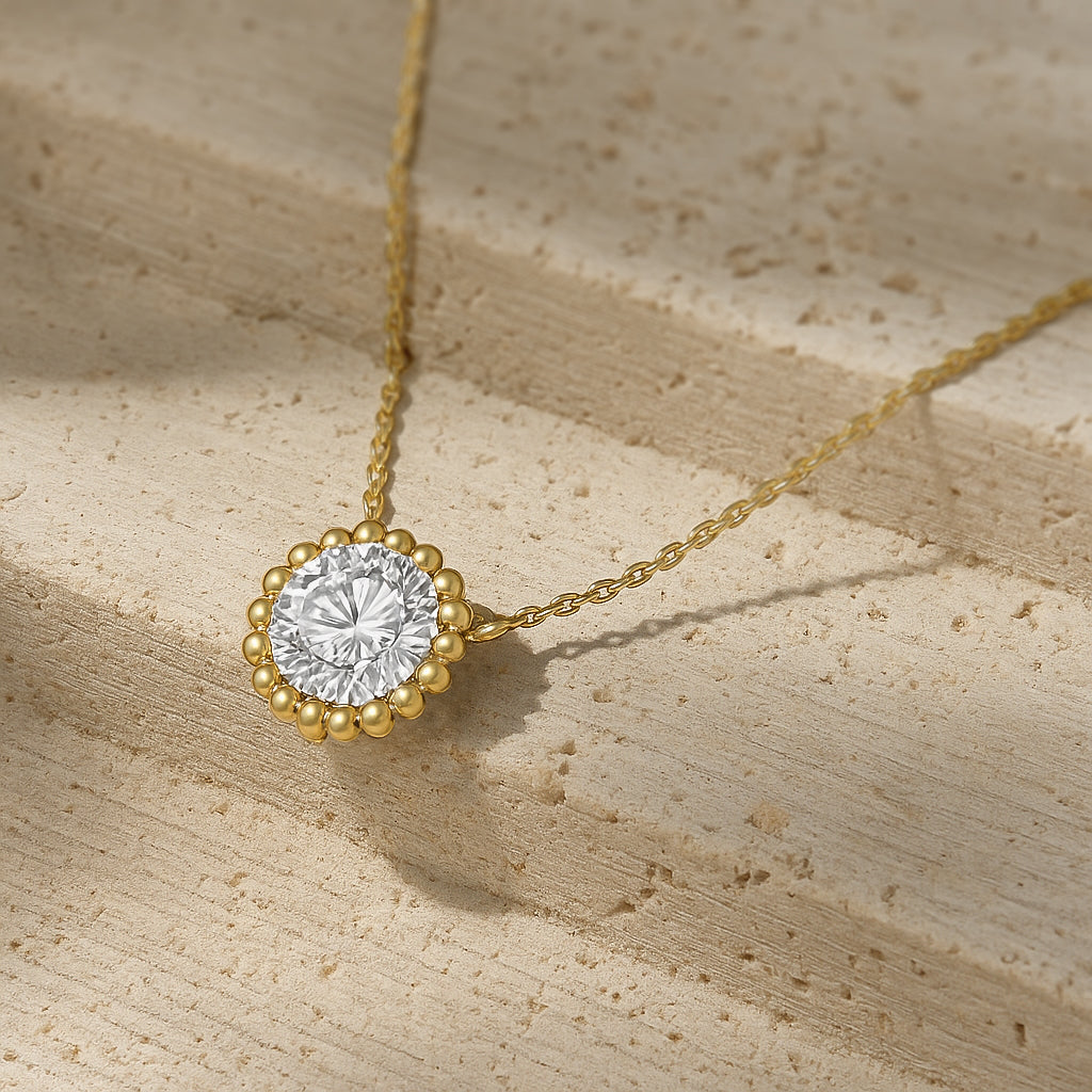 Golden Halo CZ Pendant Necklace in 18K Yellow Gold Plating