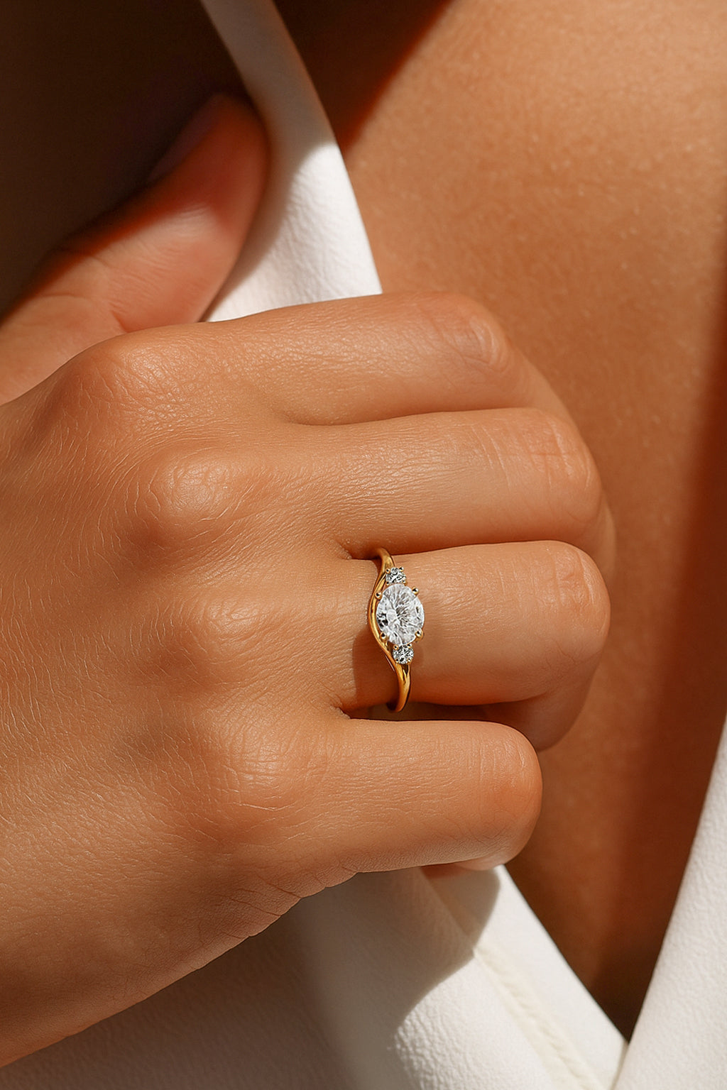 Elegant 3-Stone Oval CZ Ring in 18K Yellow Gold-Plated Setting