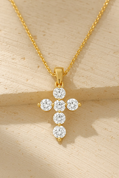 Elegant CZ Cross Pendant Necklace in 18K Yellow Gold-Plated Setting