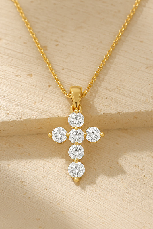 Elegant CZ Cross Pendant Necklace in 18K Yellow Gold-Plated Setting