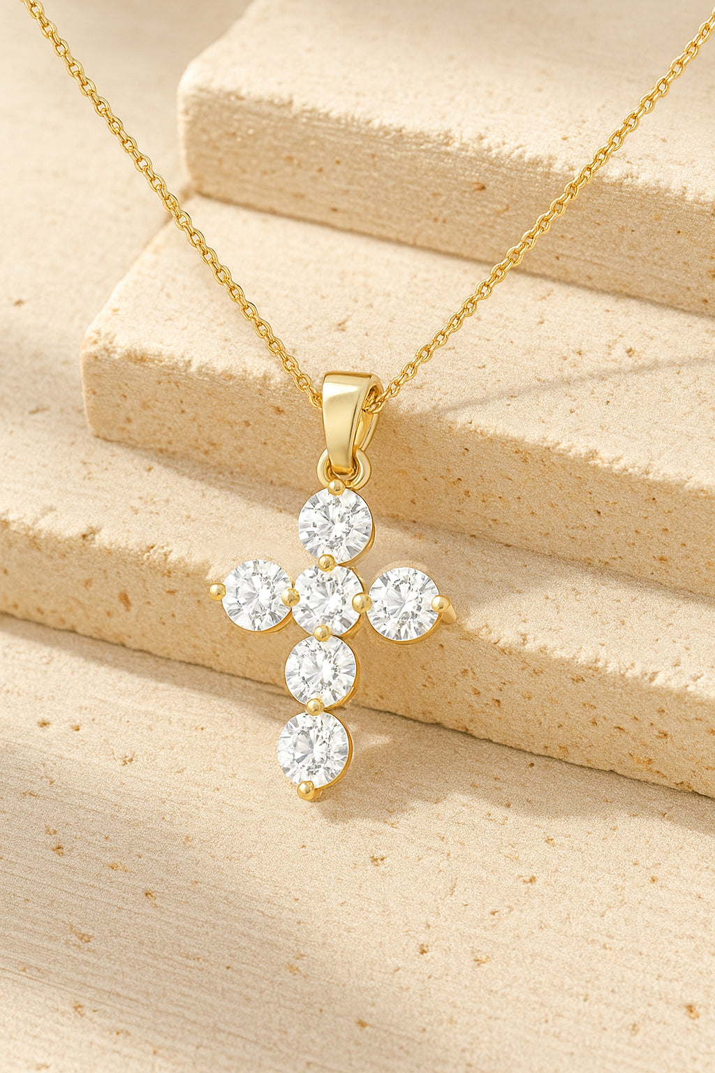Elegant CZ Cross Pendant Necklace in 18K Yellow Gold-Plated Setting