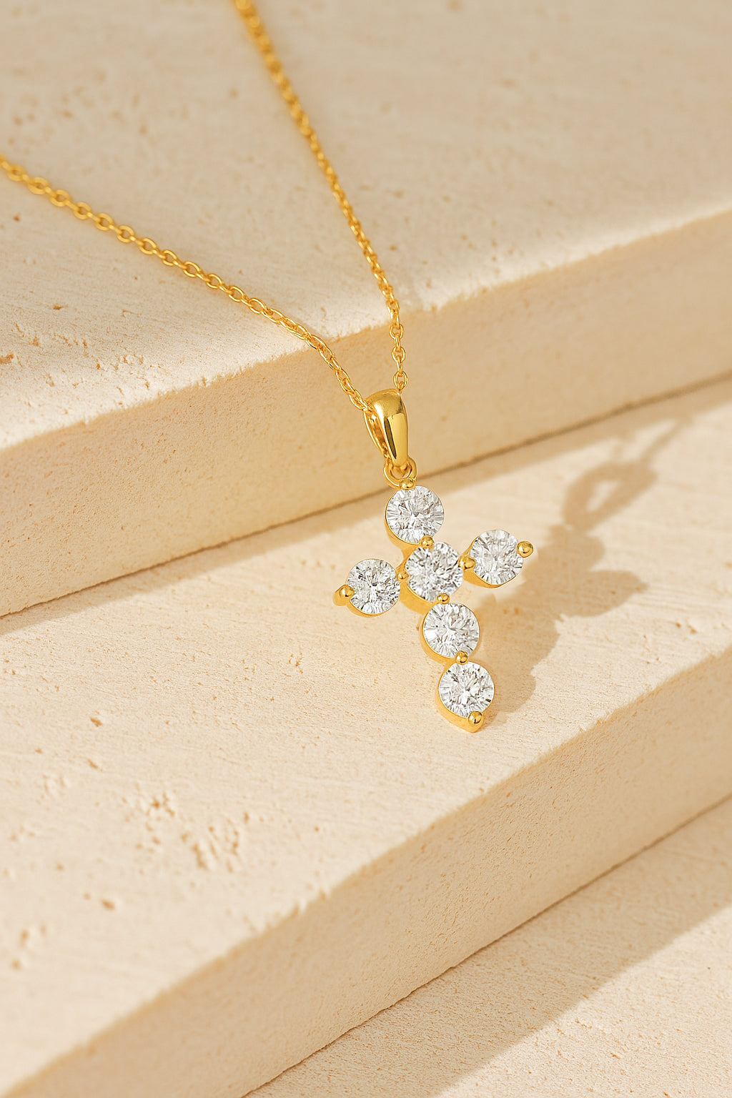 Elegant CZ Cross Pendant Necklace in 18K Yellow Gold-Plated Setting