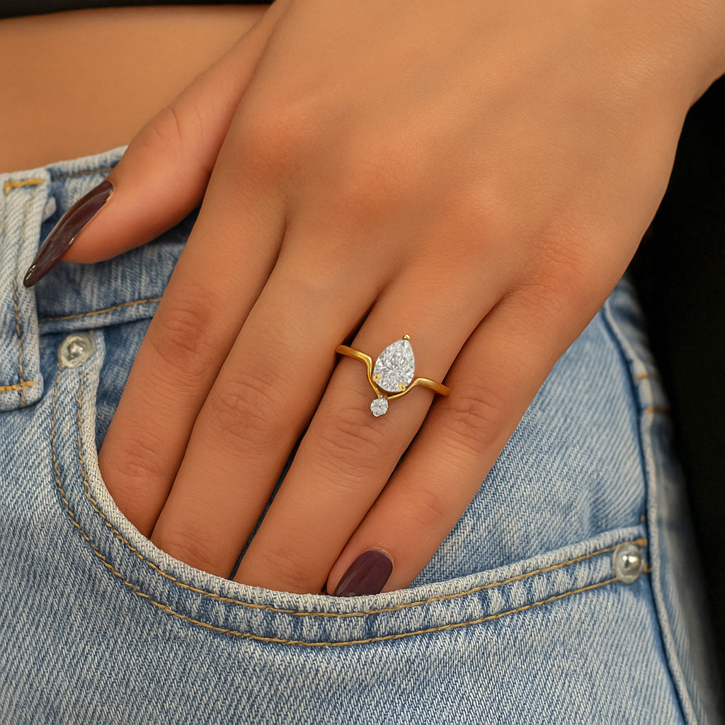 Elegant Teardrop CZ Ring in 18K Yellow Gold Plated
