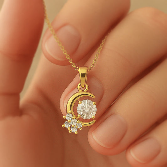 Crescent Moon CZ Pendant Necklace in 18K Yellow Gold-Plated Setting