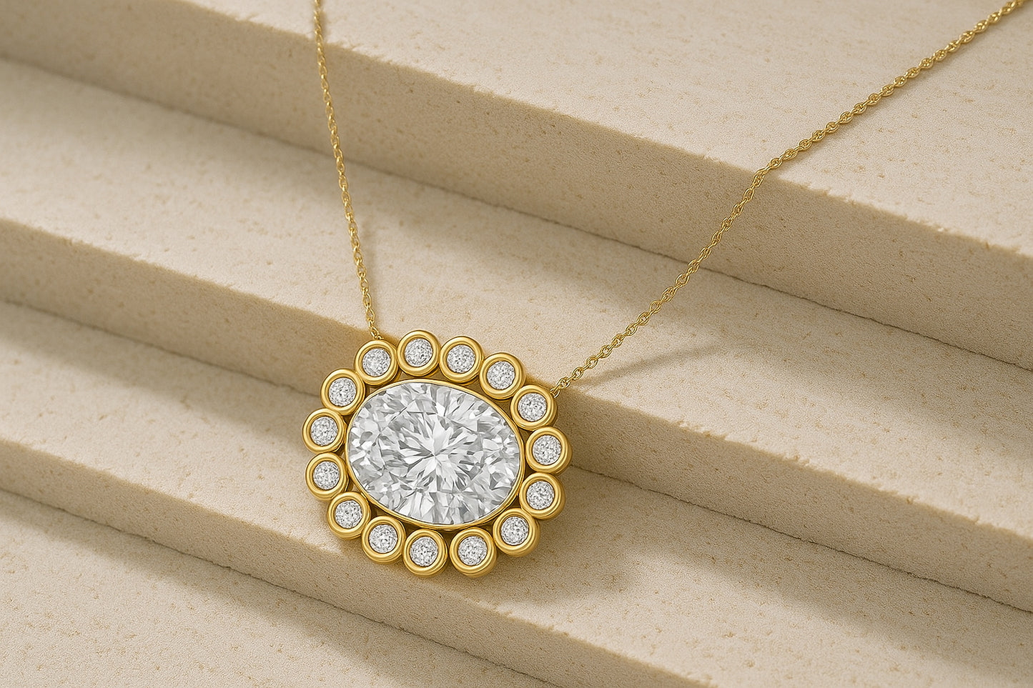 18K Gold-Plated Oval Halo CZ Pendant Necklace