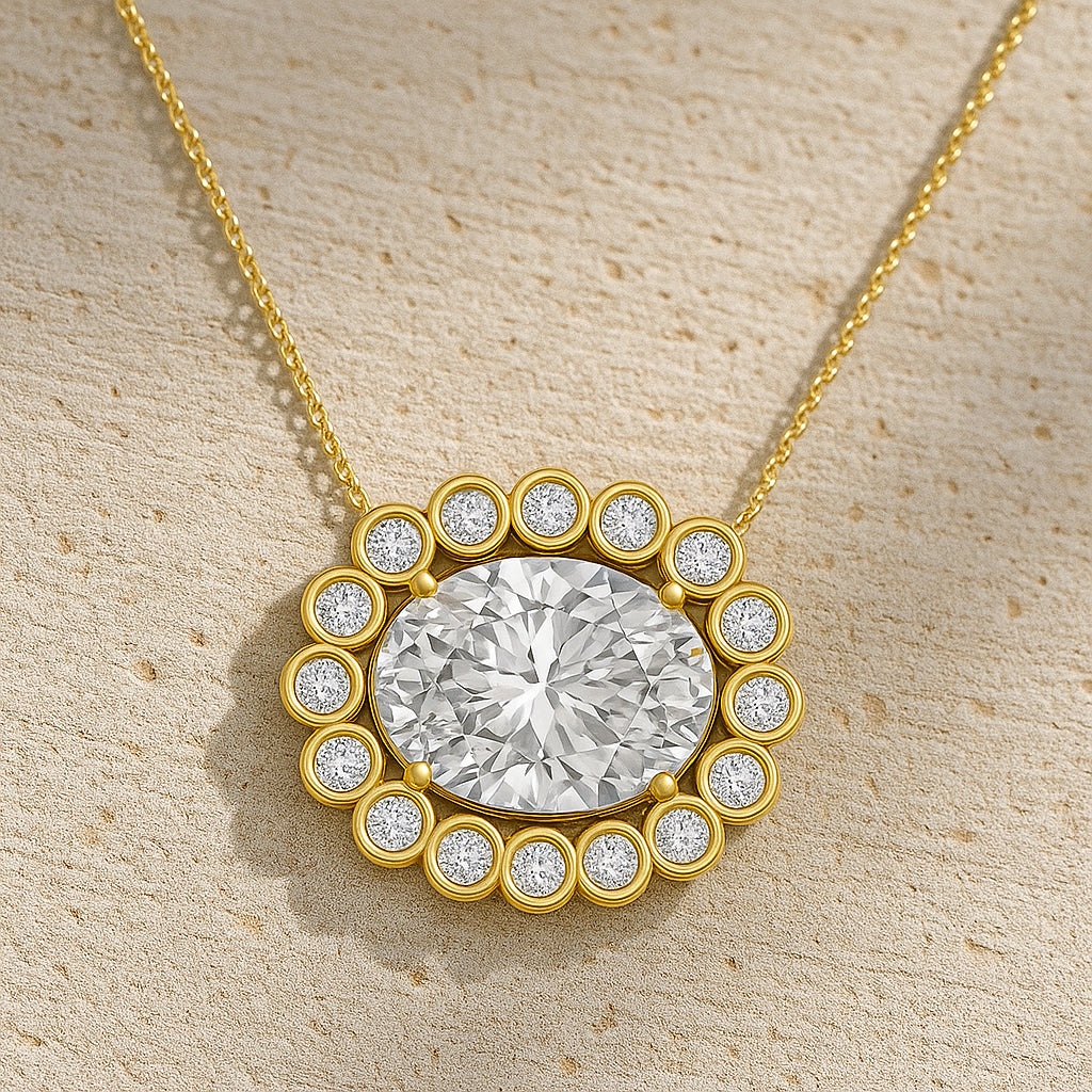 18K Gold-Plated Oval Halo CZ Pendant Necklace