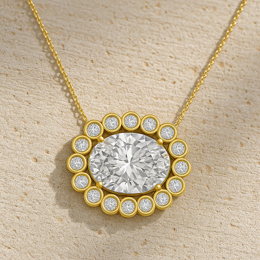 18K Gold-Plated Oval Halo CZ Pendant Necklace