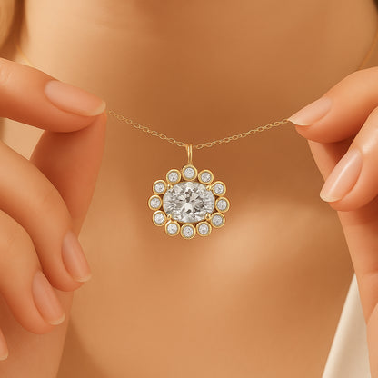 18K Gold-Plated Oval Halo CZ Pendant Necklace