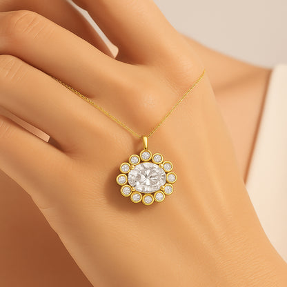 18K Gold-Plated Oval Halo CZ Pendant Necklace