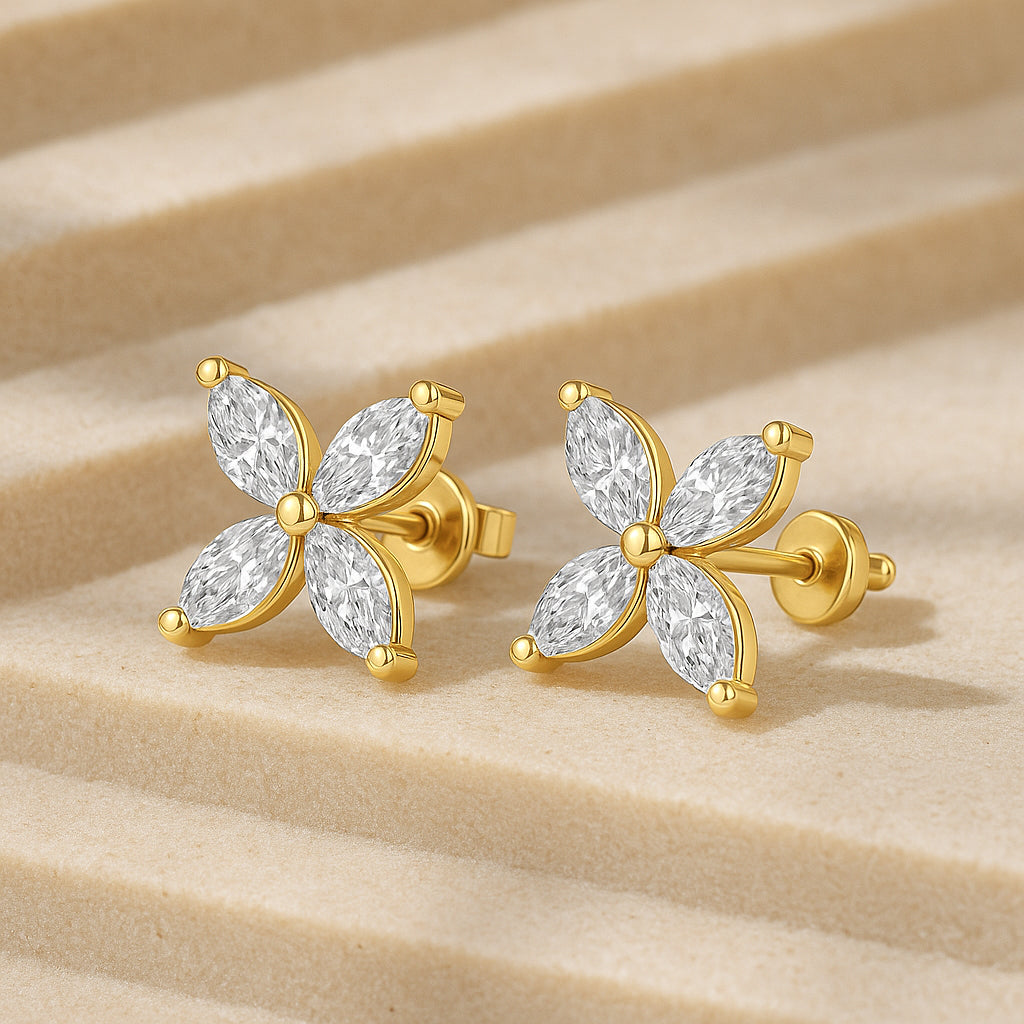 Elegant Flower Stud Earrings with Sparkling CZ Stones in 18K Yellow Gold Plated