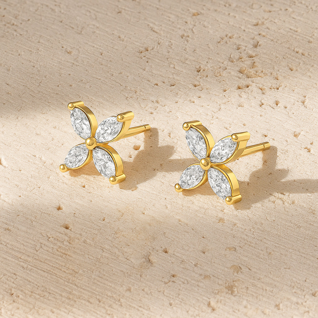 Elegant Flower Stud Earrings with Sparkling CZ Stones in 18K Yellow Gold Plated