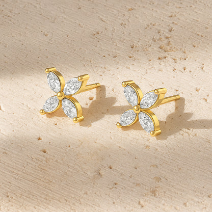 Elegant Flower Stud Earrings with Sparkling CZ Stones in 18K Yellow Gold Plated