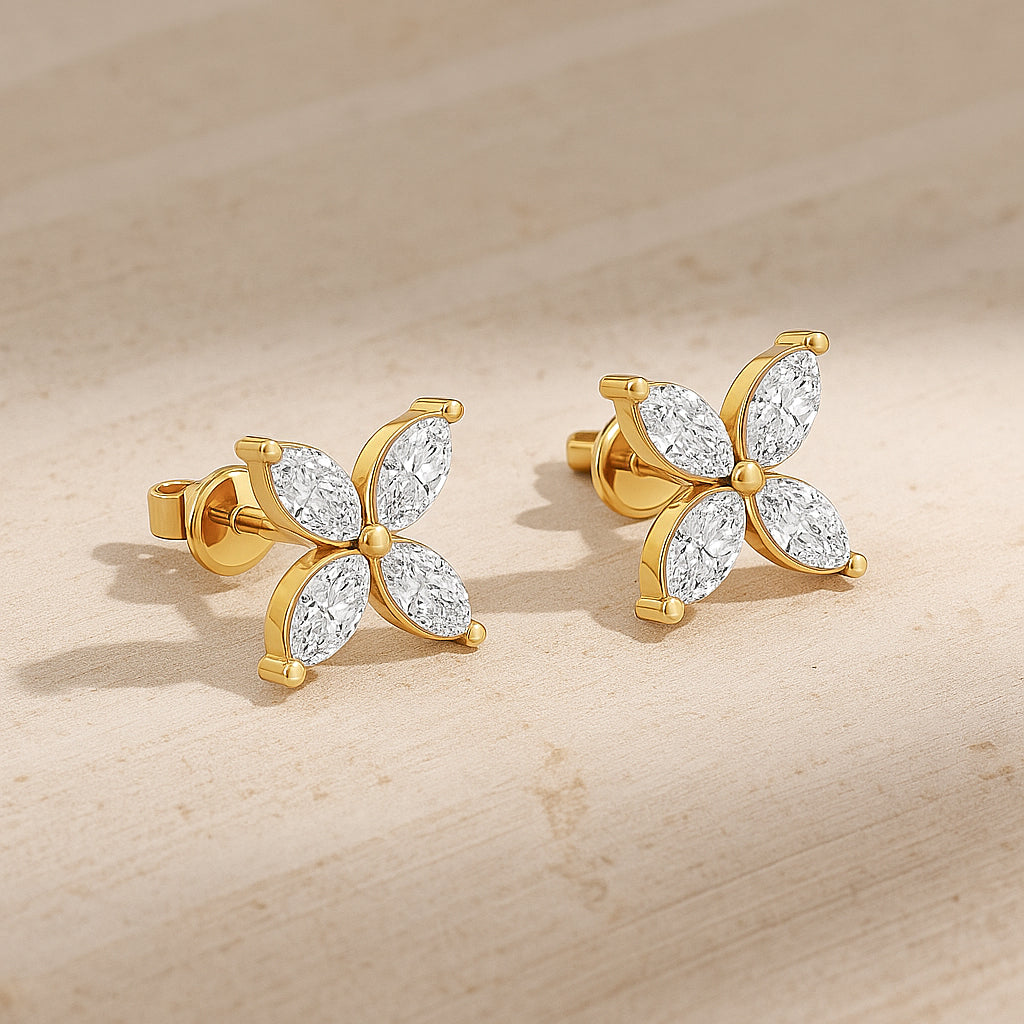 Elegant Flower Stud Earrings with Sparkling CZ Stones in 18K Yellow Gold Plated