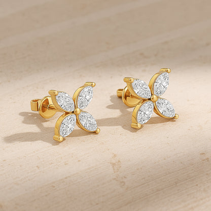 Elegant Flower Stud Earrings with Sparkling CZ Stones in 18K Yellow Gold Plated
