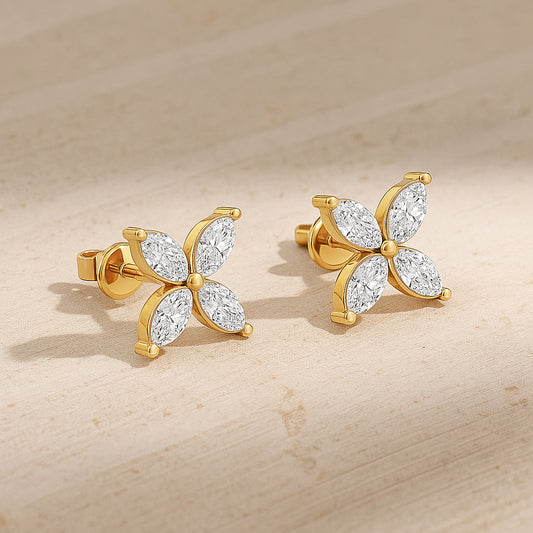Elegant Flower Stud Earrings with Sparkling CZ Stones in 18K Yellow Gold Plated