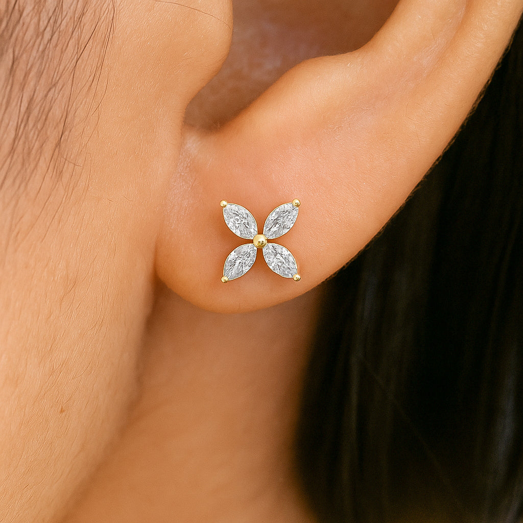 Elegant Flower Stud Earrings with Sparkling CZ Stones in 18K Yellow Gold Plated