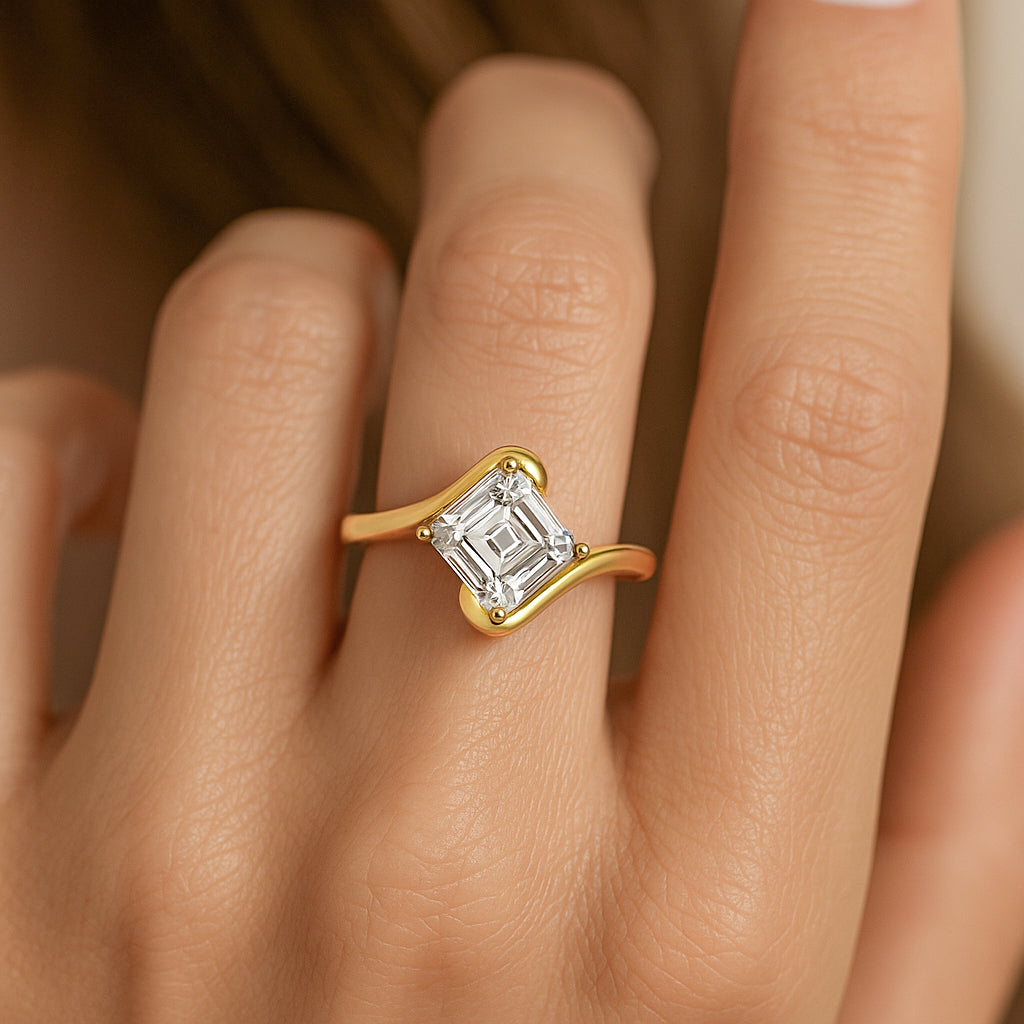 Asscher Cut CZ Wave Ring – 18K Yellow Gold Plated