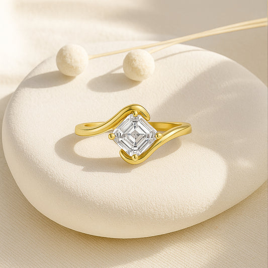 Asscher Cut CZ Wave Ring – 18K Yellow Gold Plated