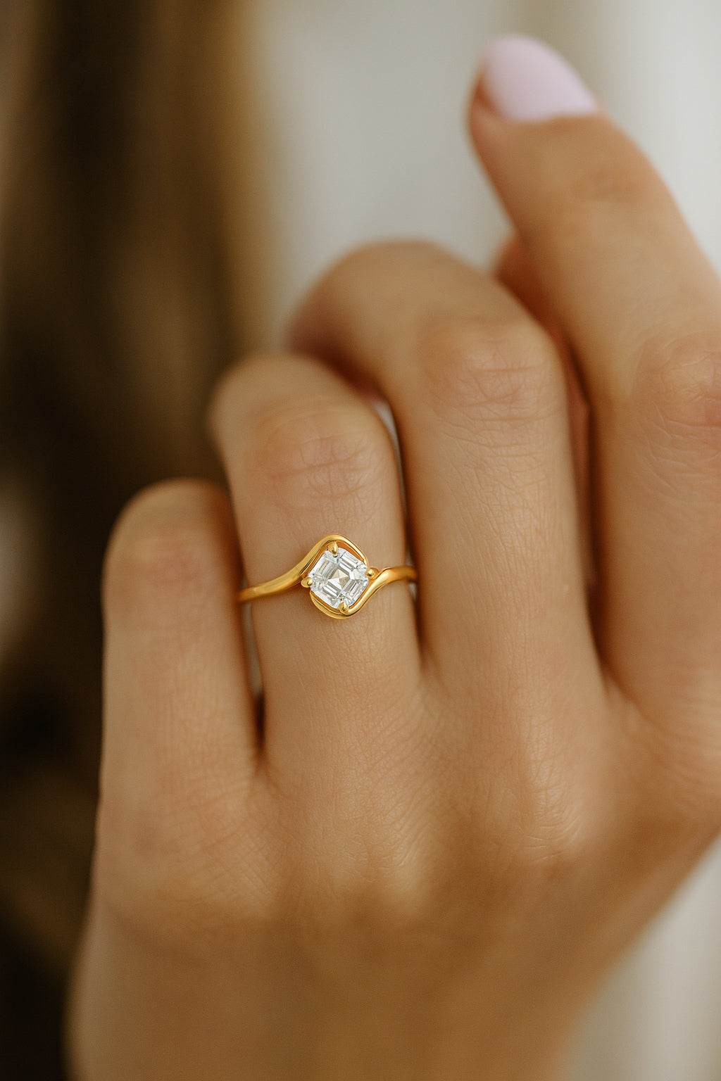 Asscher Cut CZ Wave Ring – 18K Yellow Gold Plated