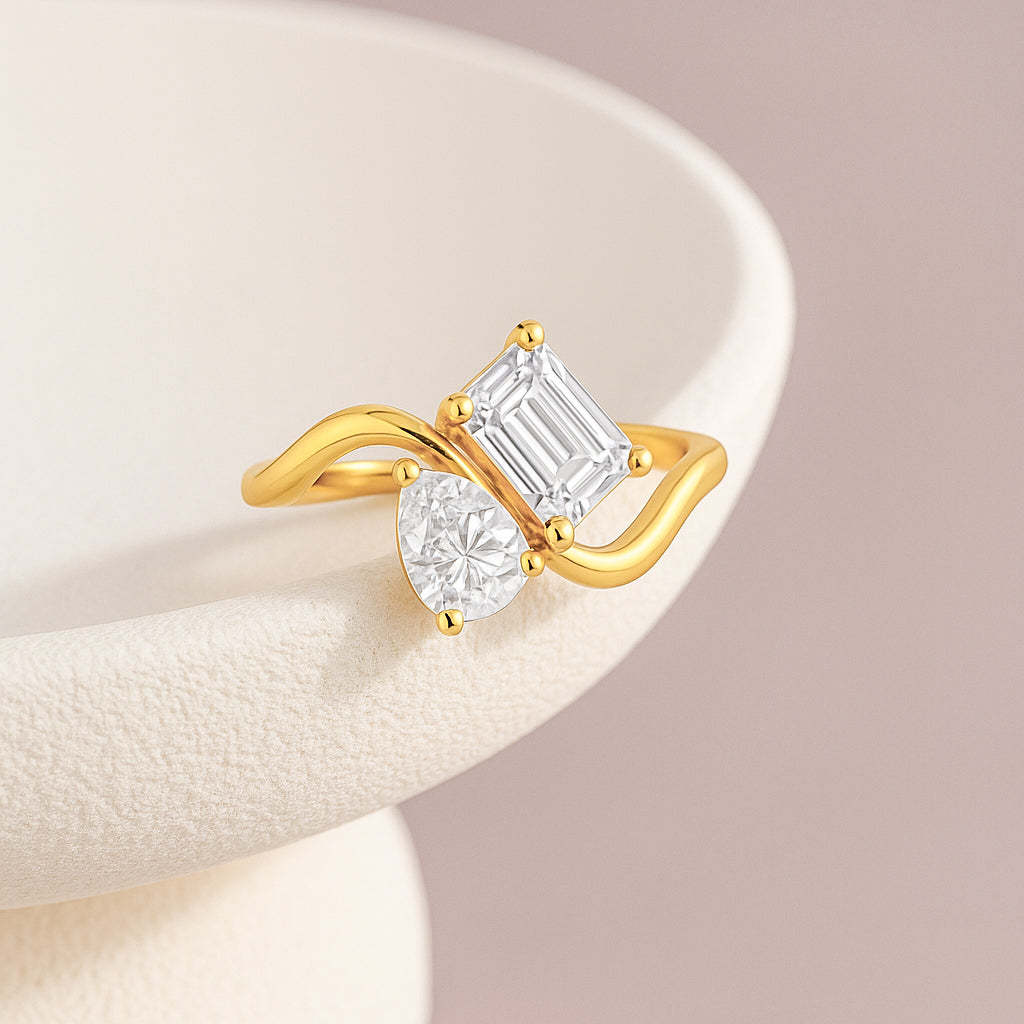 Two Stone CZ Bypass Ring – 18K Yellow Gold Plated