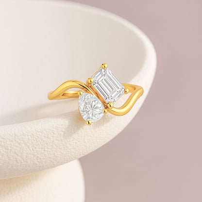 Two Stone CZ Bypass Ring – 18K Yellow Gold Plated