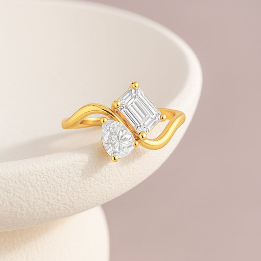 Two Stone CZ Bypass Ring – 18K Yellow Gold Plated