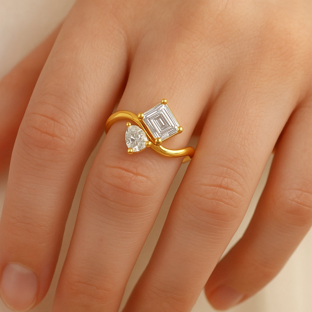 Two Stone CZ Bypass Ring – 18K Yellow Gold Plated
