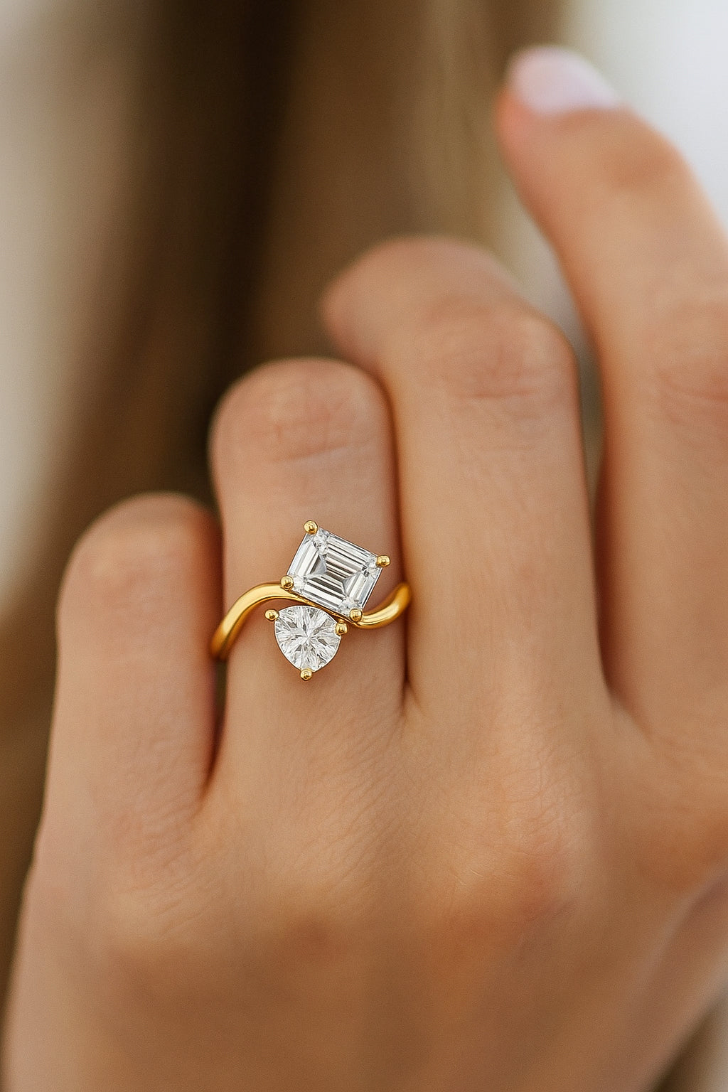 Two Stone CZ Bypass Ring – 18K Yellow Gold Plated