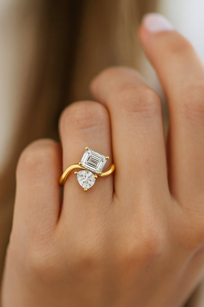 Two Stone CZ Bypass Ring – 18K Yellow Gold Plated