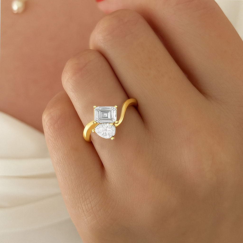 Two Stone CZ Bypass Ring – 18K Yellow Gold Plated
