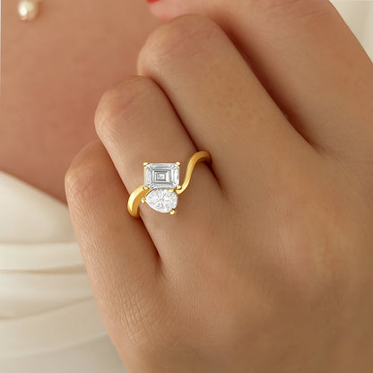 Two Stone CZ Bypass Ring – 18K Yellow Gold Plated