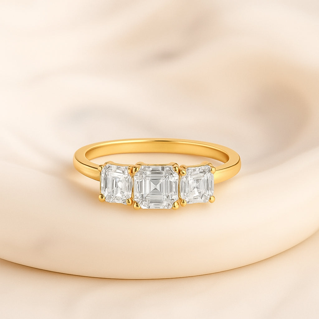 Trio of Sparkling Emerald Cut CZ Ring in 18K Yellow Gold Plated
