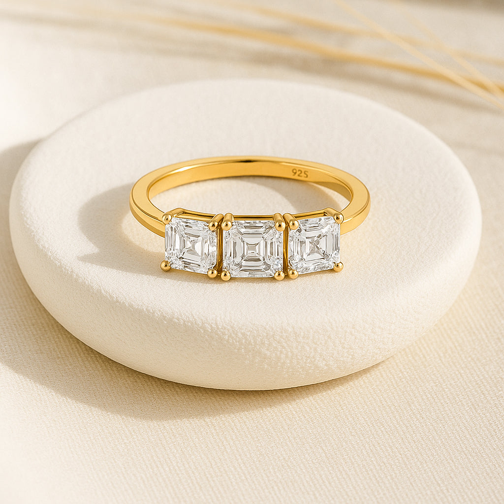 Trio of Sparkling Emerald Cut CZ Ring in 18K Yellow Gold Plated
