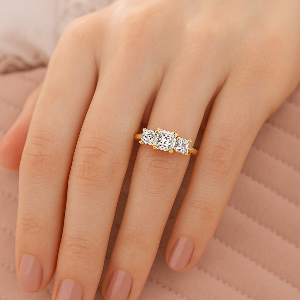 Trio of Sparkling Emerald Cut CZ Ring in 18K Yellow Gold Plated