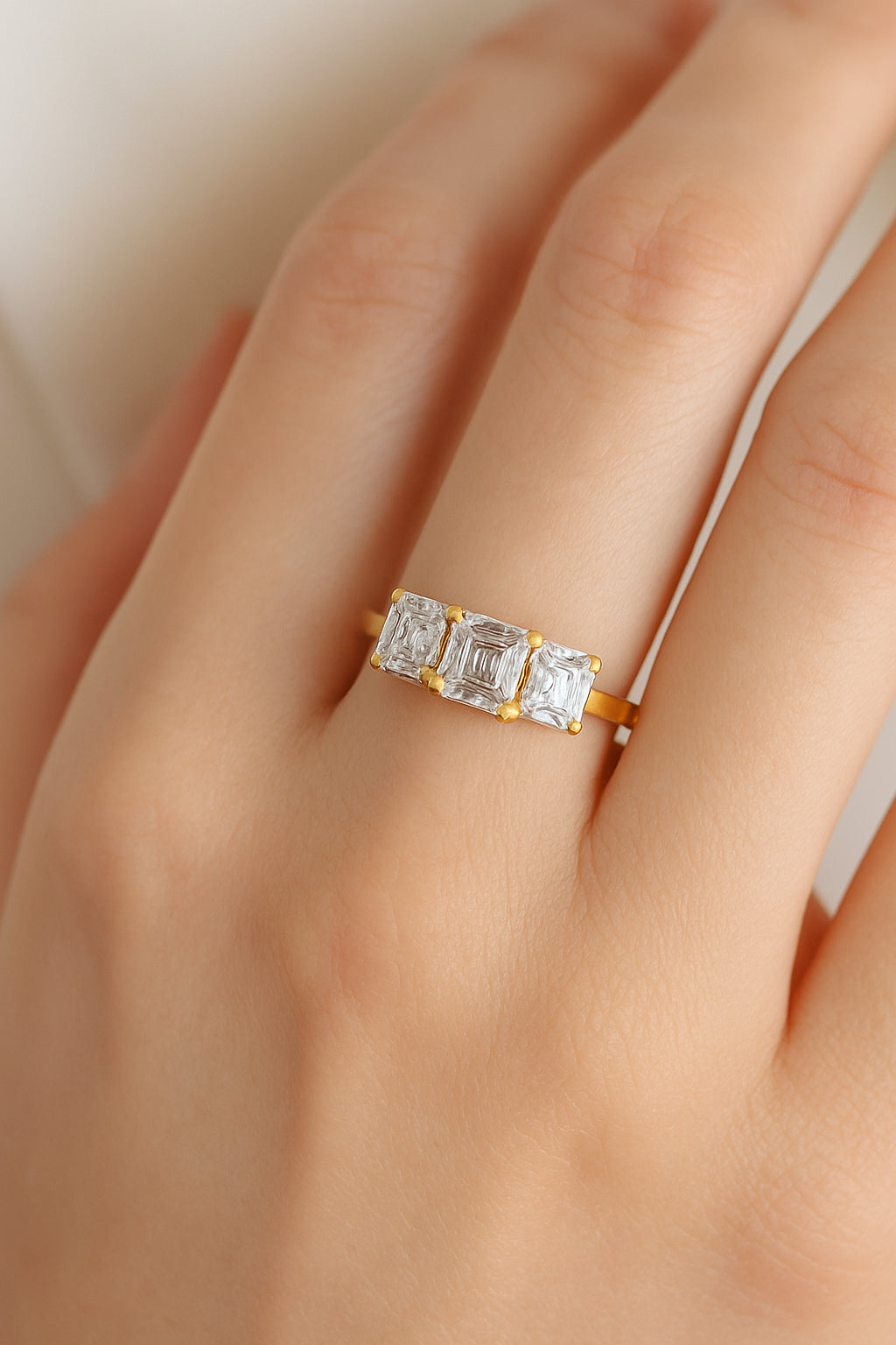 Trio of Sparkling Emerald Cut CZ Ring in 18K Yellow Gold Plated