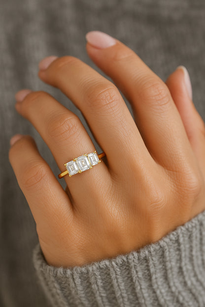 Trio of Sparkling Emerald Cut CZ Ring in 18K Yellow Gold Plated